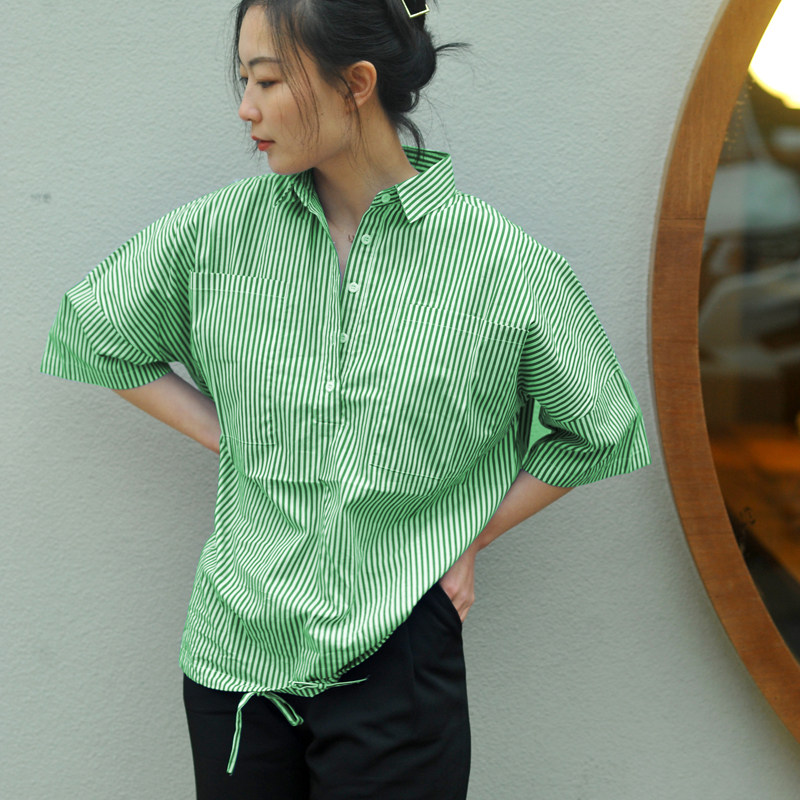 条纹绿色衬衫女夏短袖2021年新款纯棉套头宽松衬衫