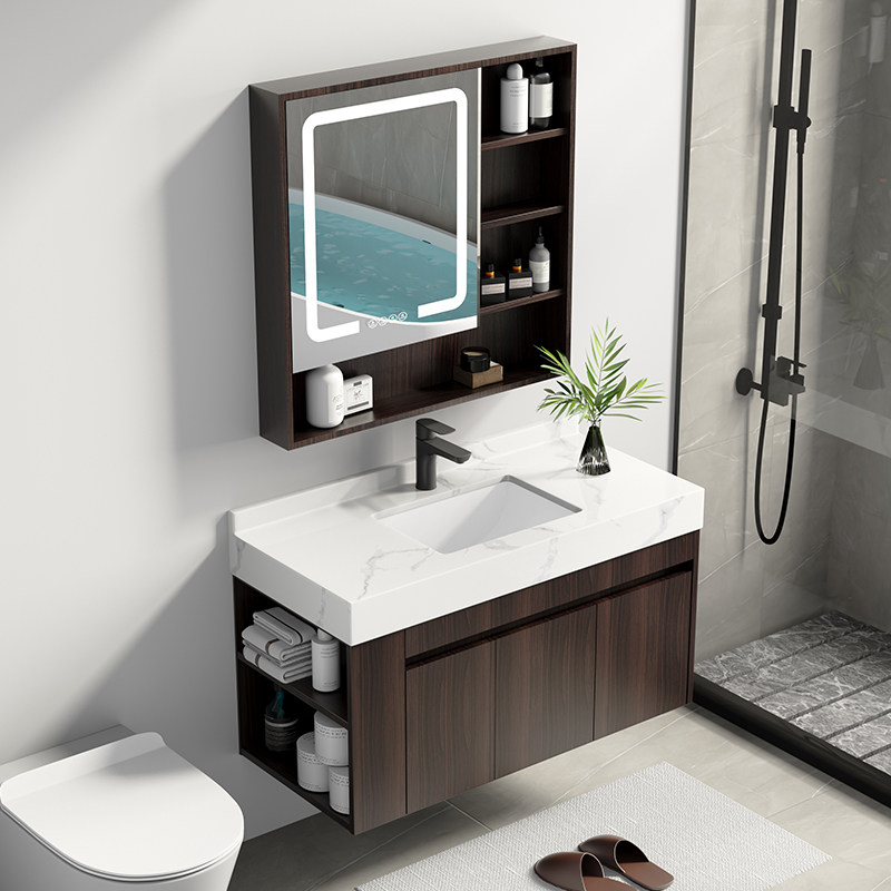 出口德国卫生间浴室柜洗漱实木胡桃色洗脸盆大理石台面浴室柜组合