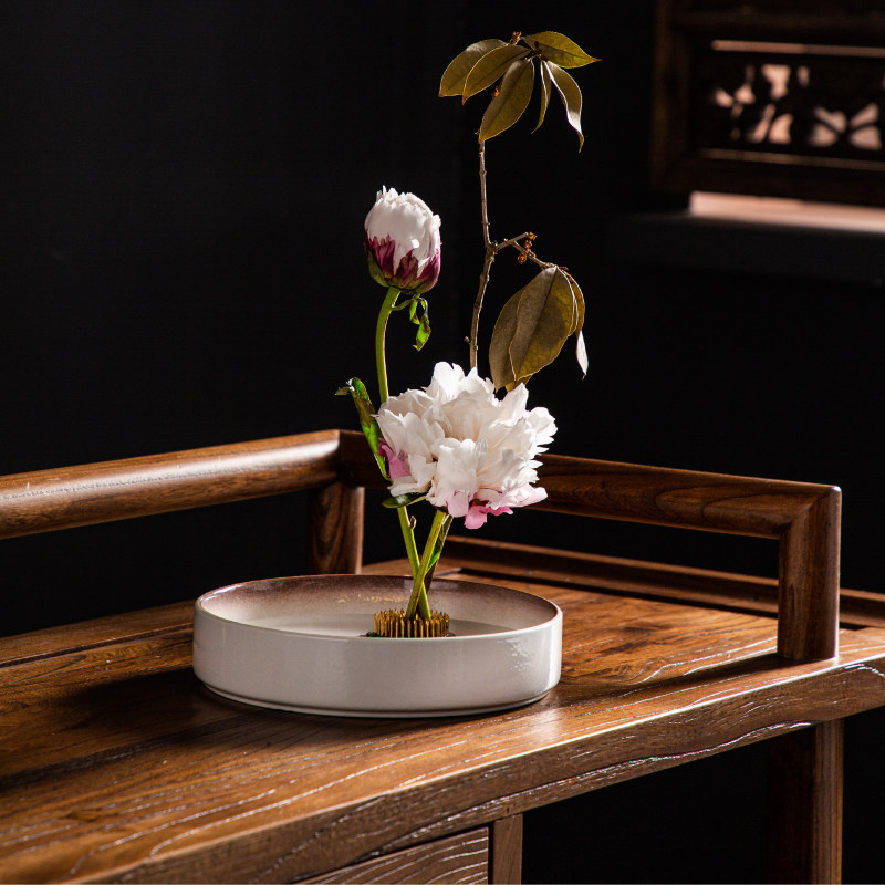 日式剑山插花花盆小原流花复古陶瓷盘中式禅意花盆