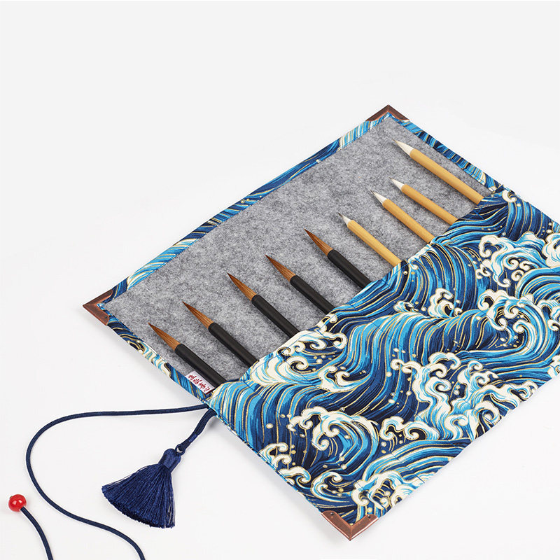 一得阁棉质文房四宝用具学生国画书法图案印花笔袋笔帘