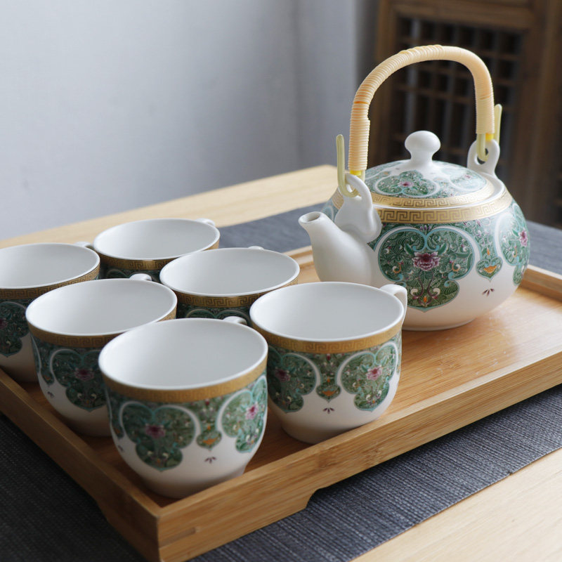 汝窑甜白珐琅彩 景德镇陶瓷茶具套装家用泡茶壶茶杯提梁壶中式3色