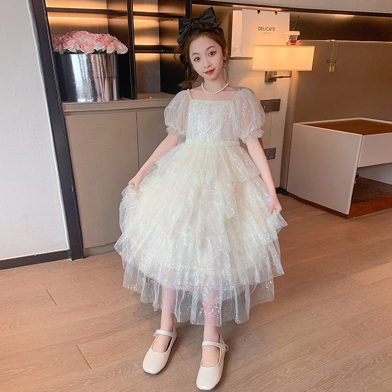 公主裙子 女童蛋糕裙夏季 礼服白色纱裙女大童连衣裙洋气儿童泡泡袖