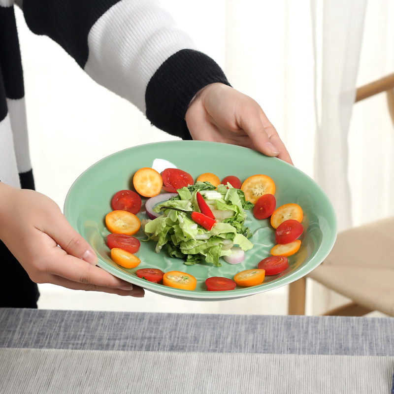 龙泉青瓷盘子陶瓷创意盛菜盘家用圆形深盘个性汤盘盘