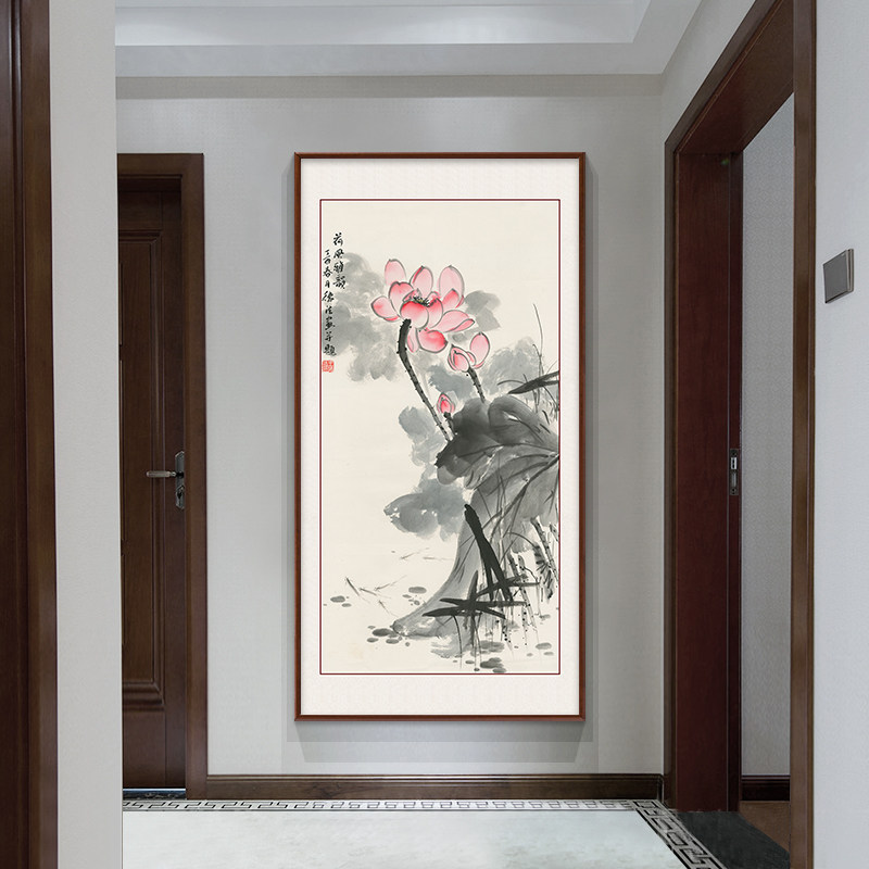 荷花玄关装饰画走廊过道挂画中式入户壁画茶室书房国画禅意水墨画
