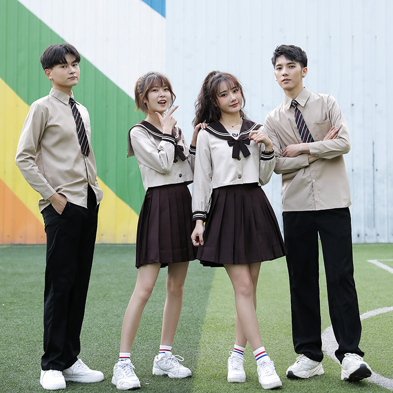 春夏季卡其色长袖衬衫学院风黑长裙校服韩版奶茶色民族服装