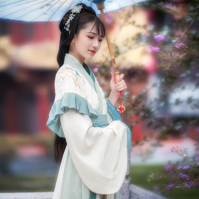如梦霓裳汉服女花卿晋制交领半袖齐腰襦裙晋襦闺蜜装刺绣花交嵛裙