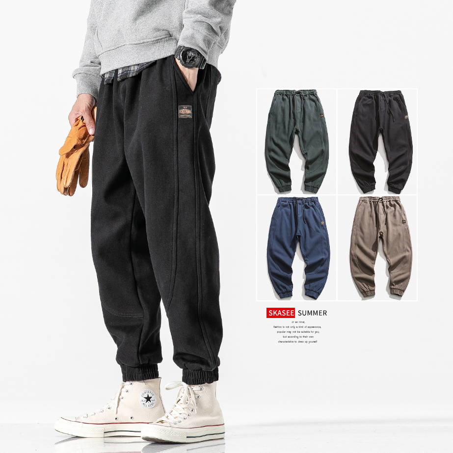 韩版潮流休闲裤子男秋冬宽松加绒裤男加厚棉裤束脚工装裤潮牌哈伦