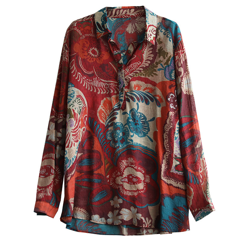 概念民族风印花麻丝衬衫2020秋装新款复古文艺衬衫