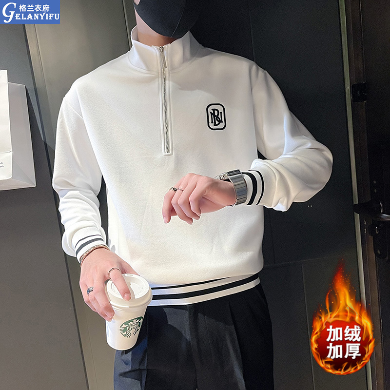男士卫衣加绒加厚半高领打底衫2021秋季新款长袖T恤冬款痞帅外套