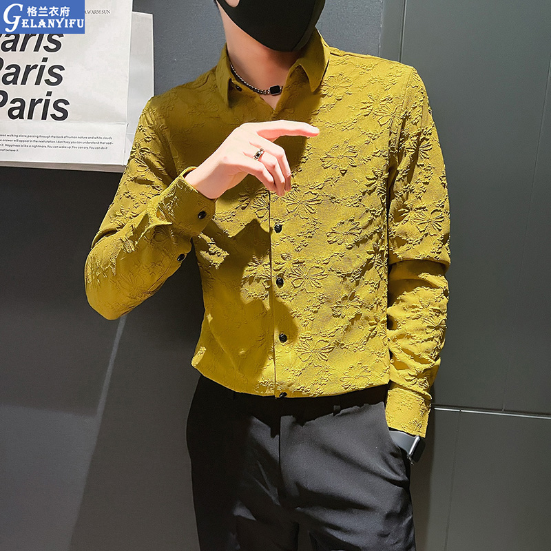 发型师潮牌男装春秋季2021新款高级感提花长袖衬衫痞帅修身衬衣潮