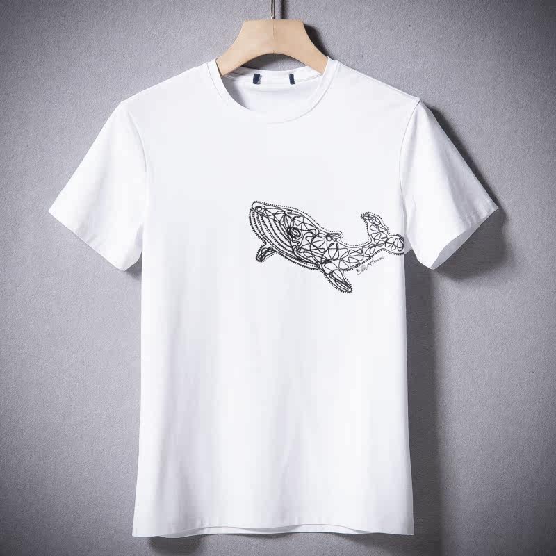 西湖短袖棉质图案鲸鱼点钻盘阁老夏秋el男装t恤