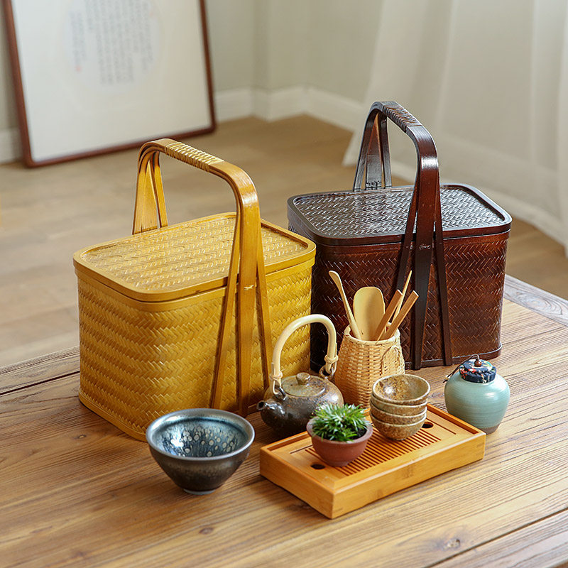 日式特色手工竹编茶篮手提茶包漆器竹编