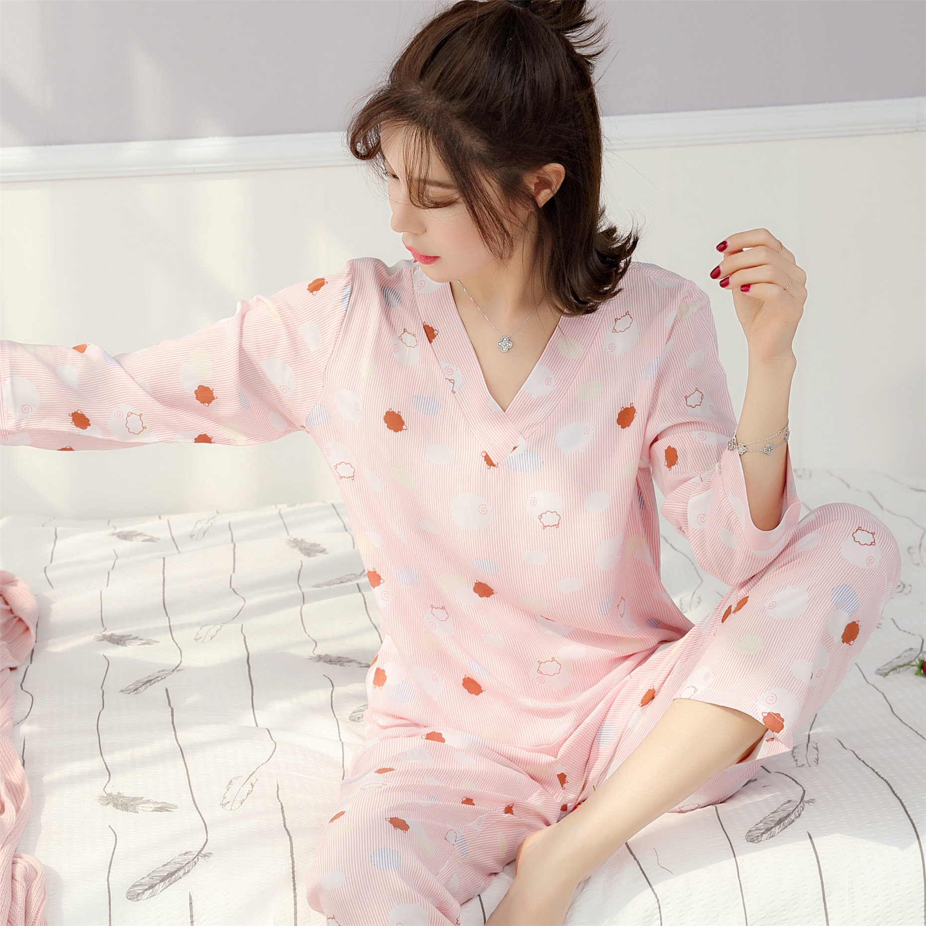 春秋季薄款长袖绵绸睡衣女夏季纯棉绸人造棉短袖女睡衣套装家居服