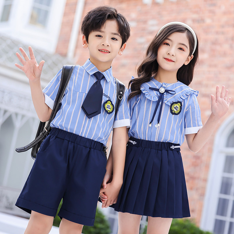 小学生夏装短袖蓝色条纹衬衫男女女童百褶裙套装校服