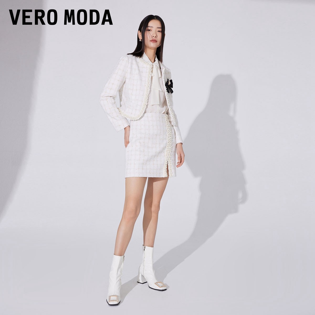 veromoda外套2023春夏季新款小香风甜美白色格子短外套