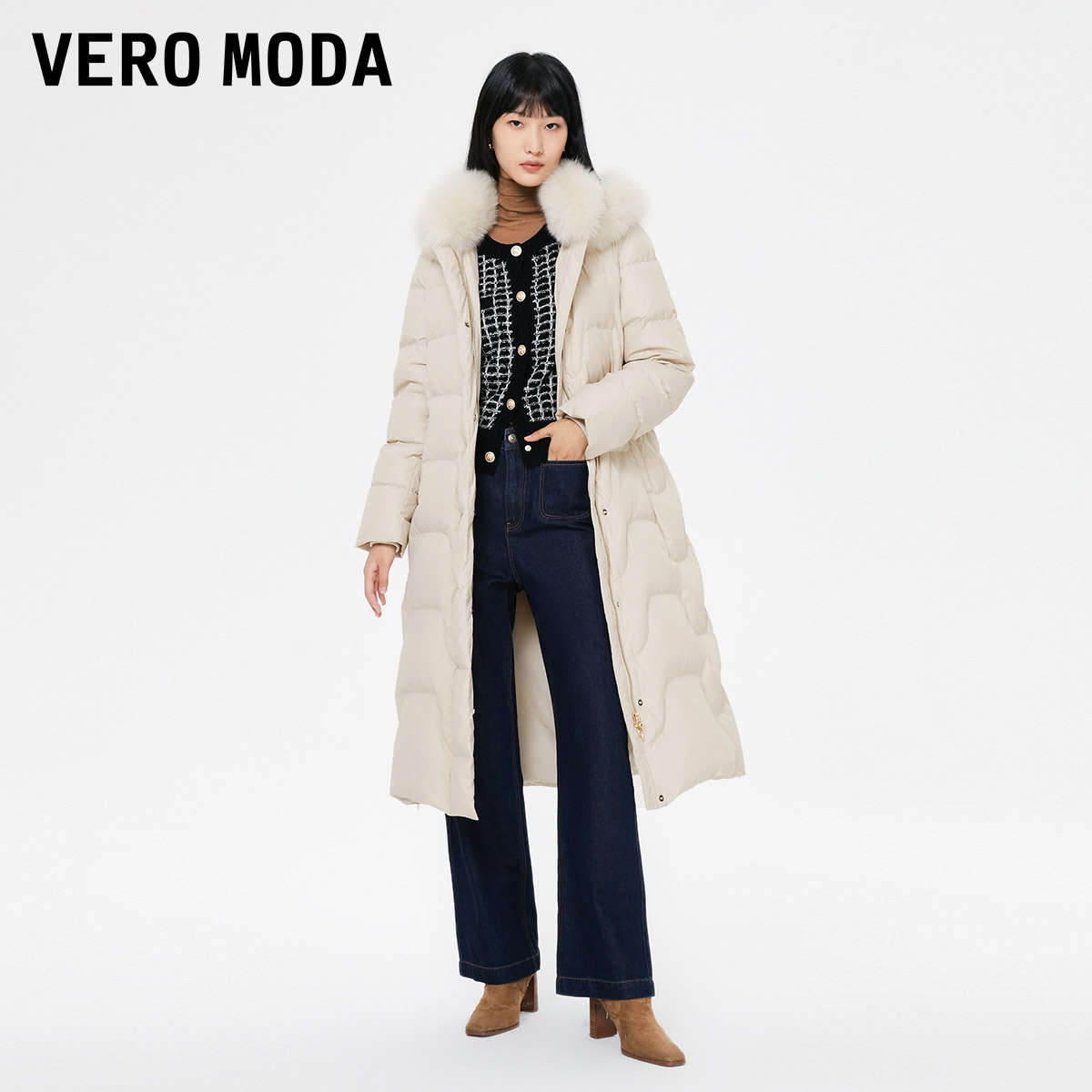 vero moda羽绒服女2022冬季新款白鹅绒90%可拆黑色狐狸毛领长款▲ –