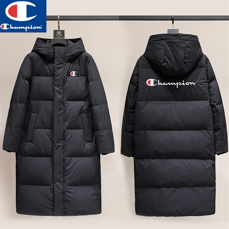 日版冠军champion长款羽绒服连帽冬季保暖棉衣男女白鸭绒加厚外套