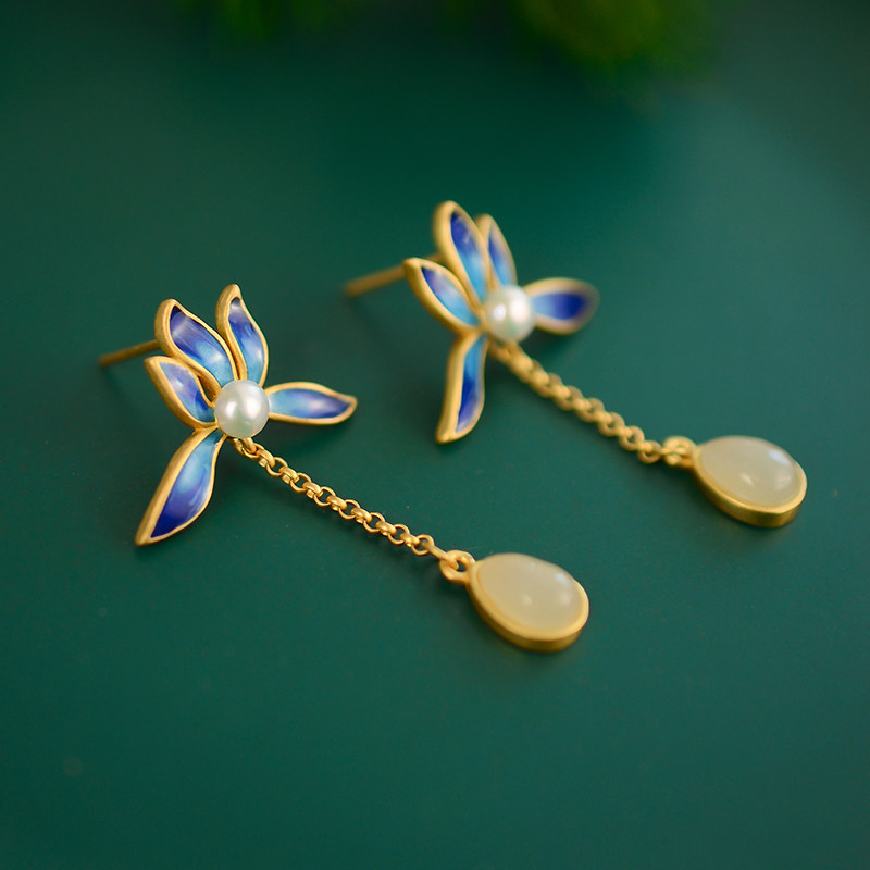 纯银鎏金耳钉镶嵌和田玉兰花珐琅耳坠高级玉石耳钉