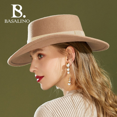 爱丽丝纯羊毛呢礼帽法式女帽贵妇复古大檐英伦平顶爵士帽子