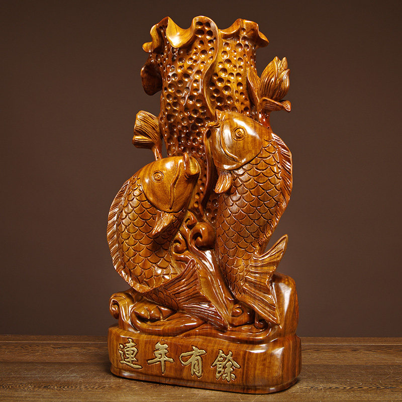 花梨木雕连年有余红木双鱼实木年年有余摆件家居饰品木雕