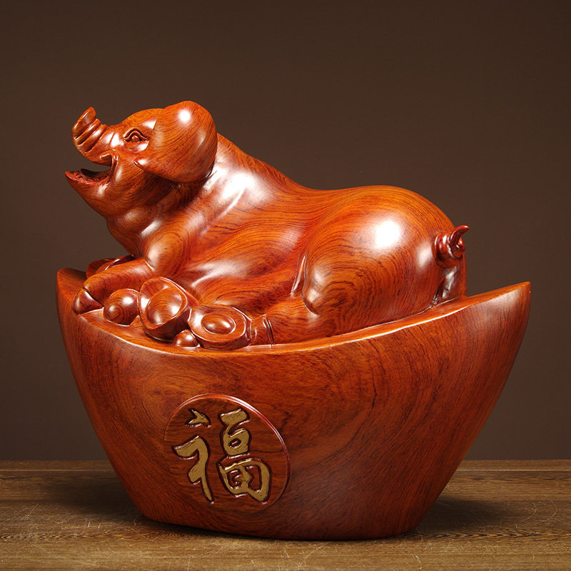 花梨木雕十二生肖福猪摆件实木雕刻动物家居客厅木雕