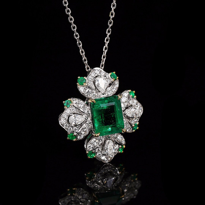 宝创18k金镶205克拉赞比亚翠绿色祖母绿吊坠项链吉尔颈饰