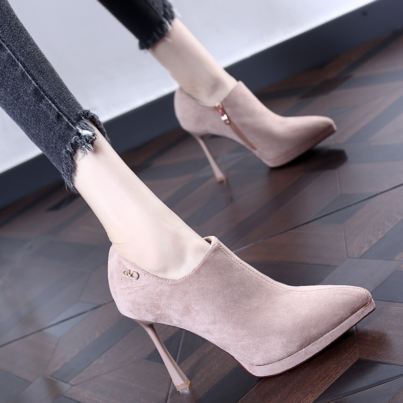 10cm尖头超高高跟鞋细跟防水台女秋冬百搭黑色时装靴