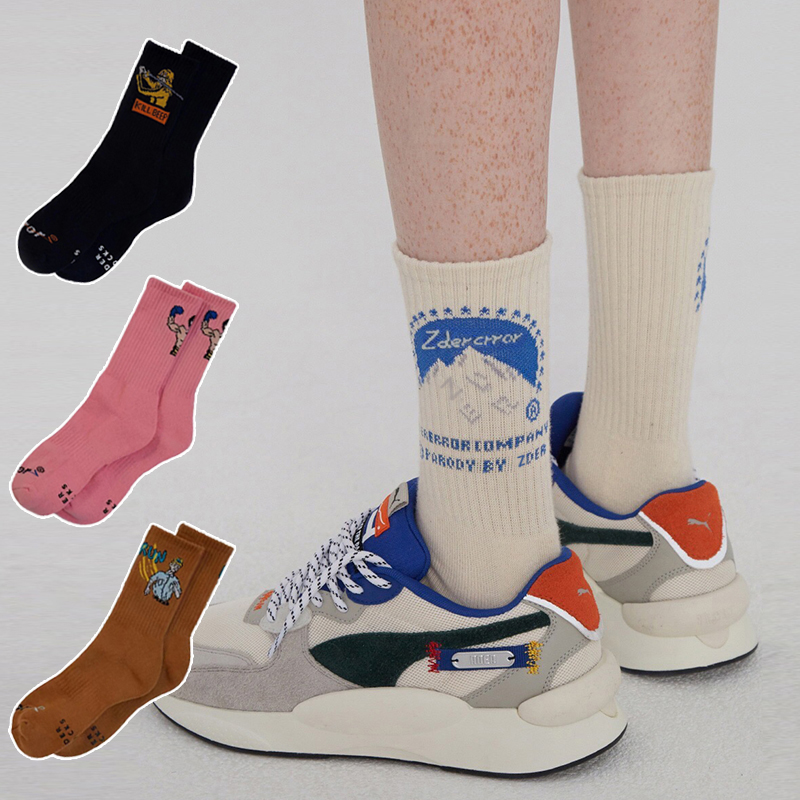 【MAWANG】粉色大力士袜子韩国设计感街头潮流中筒男女长袜潮ins