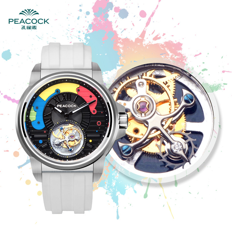 孔雀手表peacock潮咖系列timecolor陀飞轮腕表银盘机械男p5061白