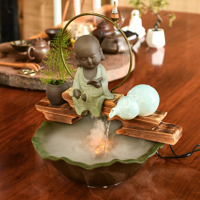 中式禅意小和尚流水喷泉摆件客厅办公室桌面风水招财陶瓷加湿装饰