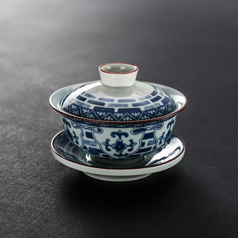 景德镇青花瓷盖碗三才陶瓷茶具釉下敬茶复古功夫盖碗