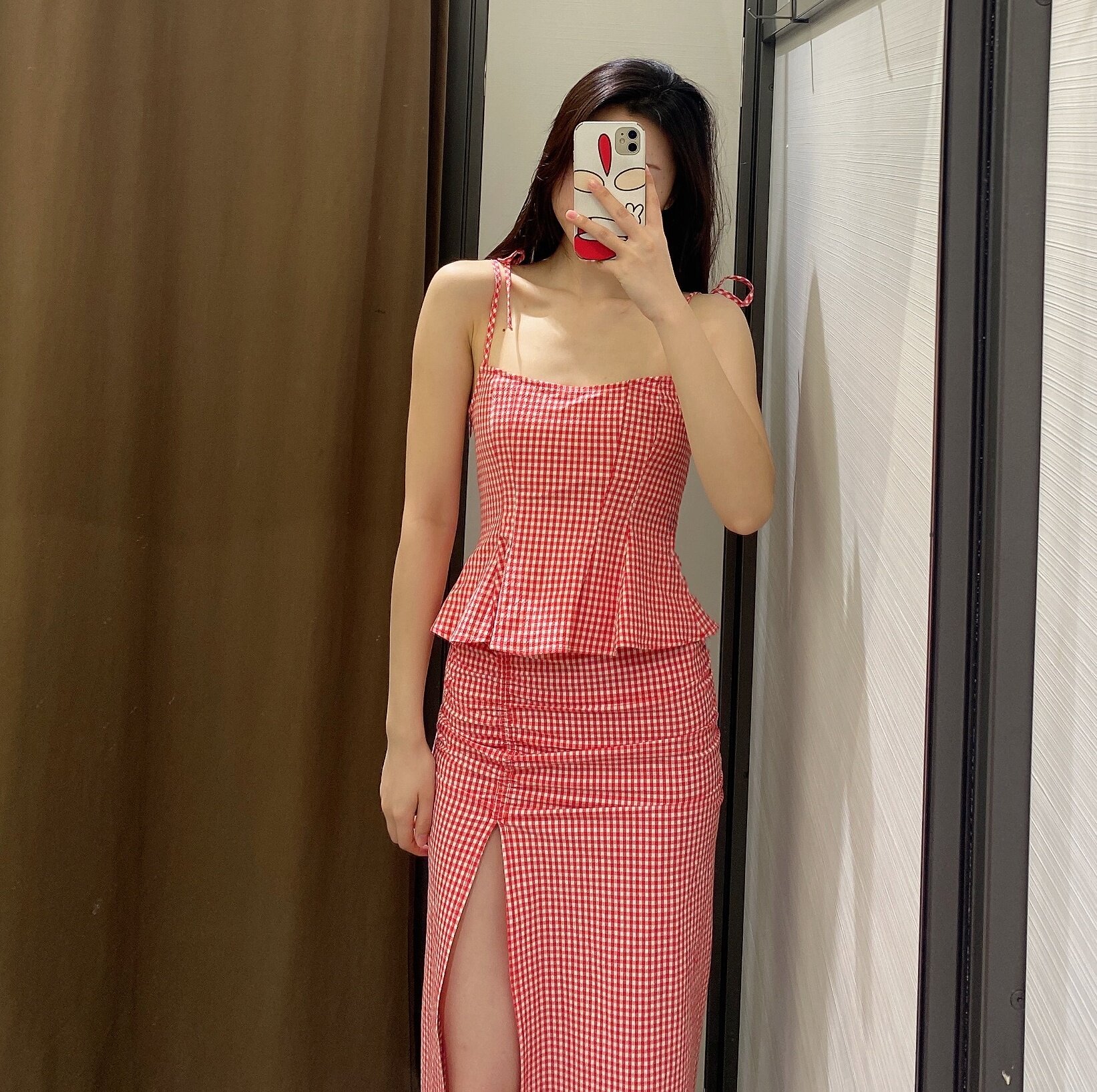 wmxz自制2021吊带荷叶边摆背心开叉格子半身背心吊带