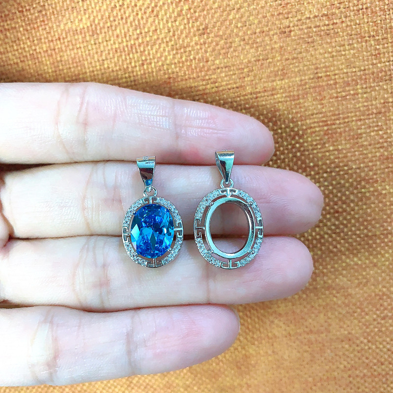 吊坠纯银椭圆形空托镶嵌宝石翡翠托中国风镂空项坠