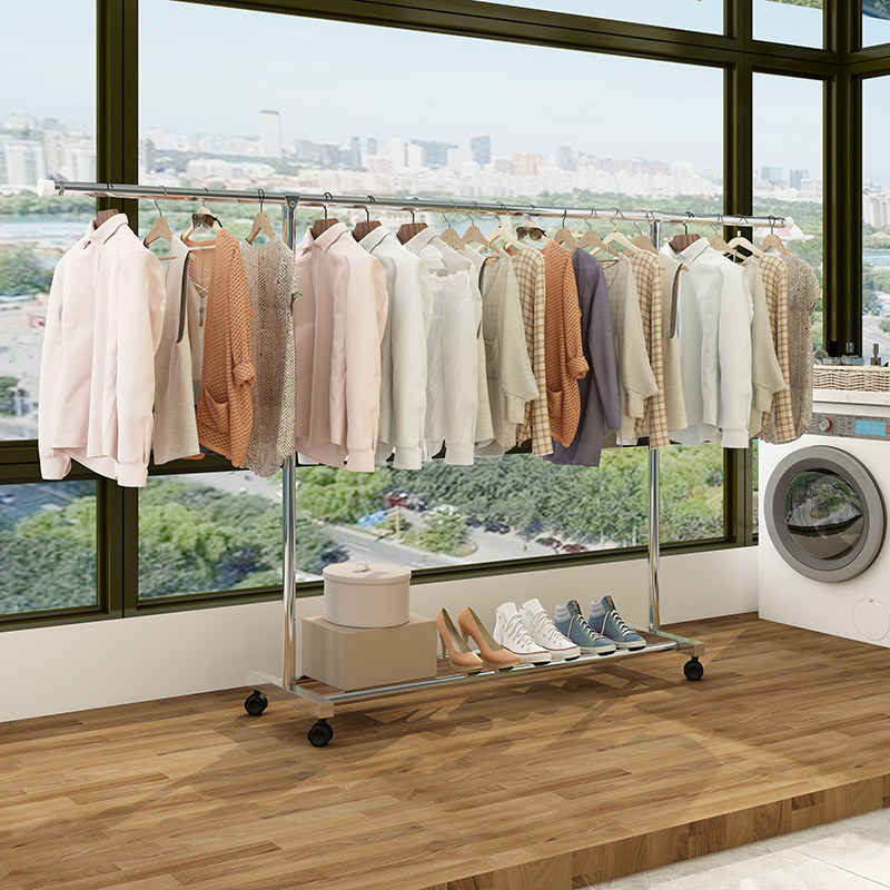 单杆式不锈钢晾落地衣架室内折叠阳台家用伸缩晾衣杆简易衣服架子