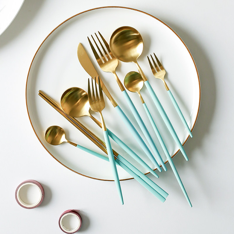 北欧ins风蒂芙尼蓝金西餐餐具全套家用刀叉勺三件套牛排刀叉套装