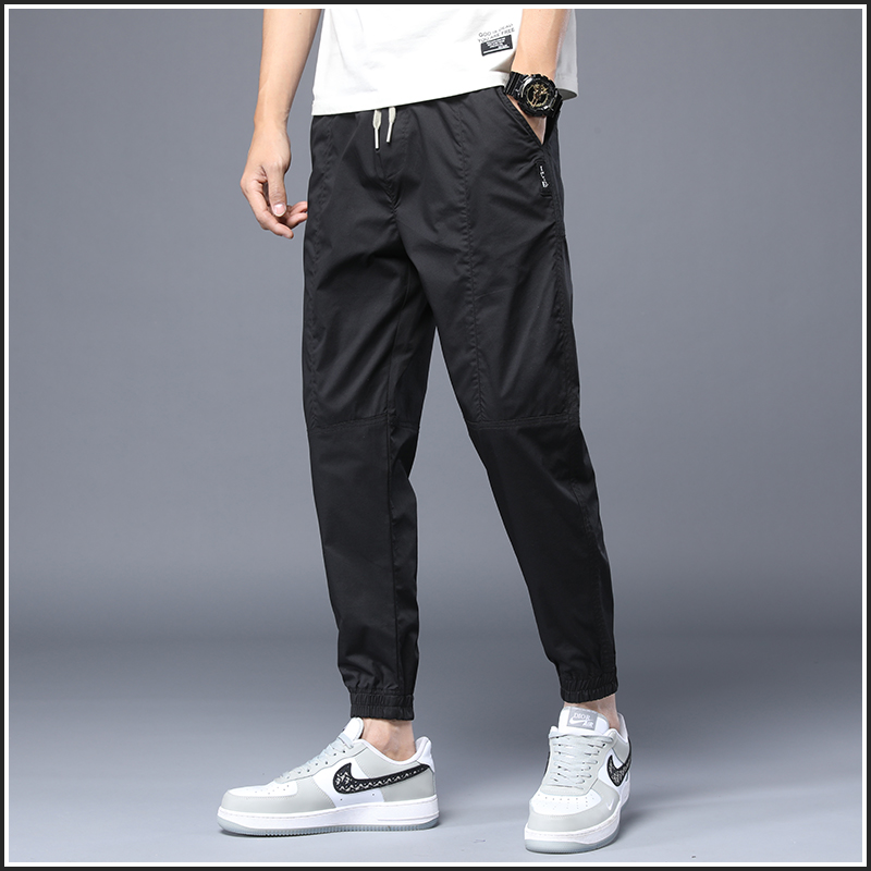 夏季薄款休闲裤男潮牌纯色束脚哈伦裤男士潮流直筒宽松工装九分裤