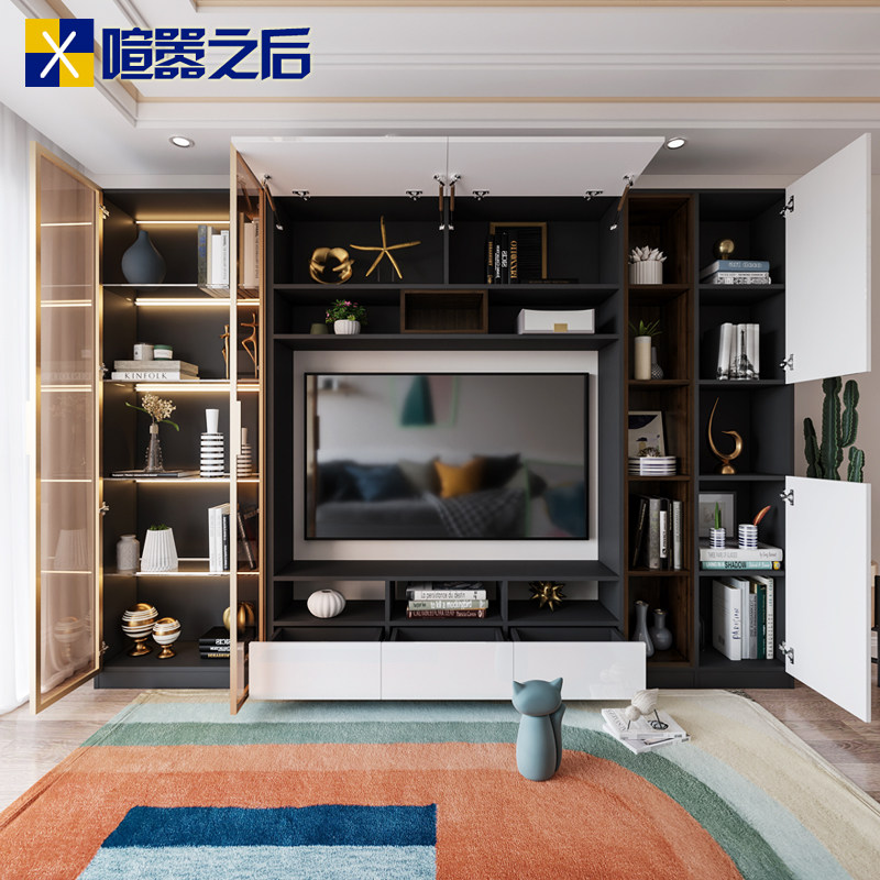 电视柜后现代轻奢组合客厅整体背景墙柜带玻璃门储物柜电视柜