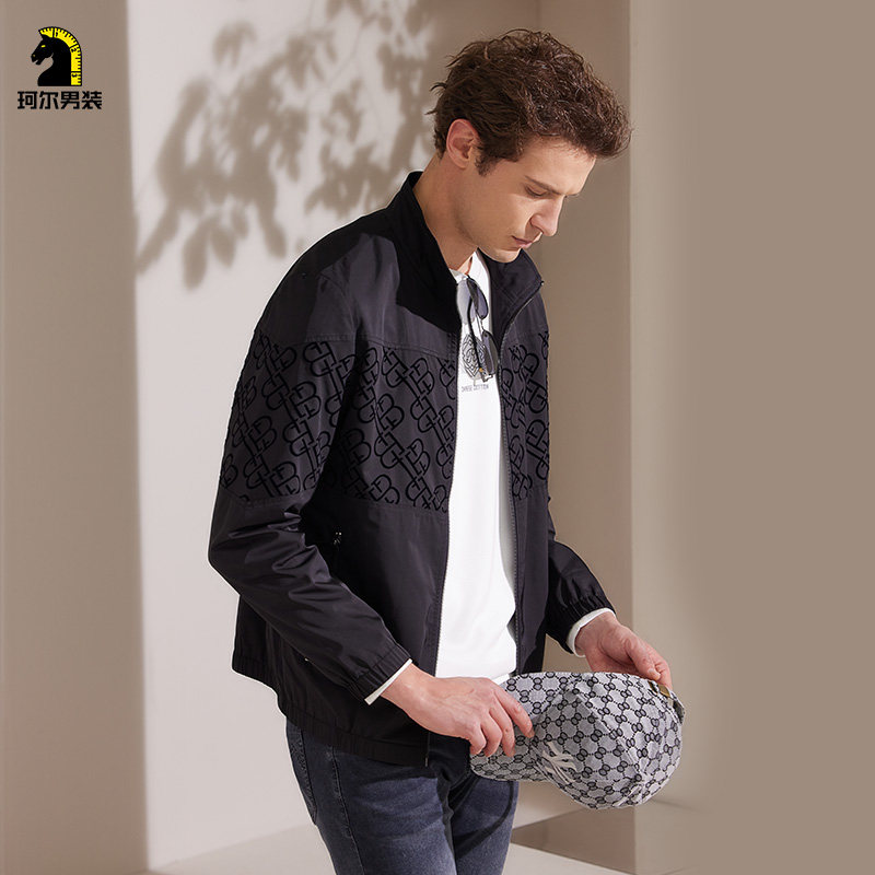 kir珂尔男装春季黑色简约字母防水夹克外套夹克