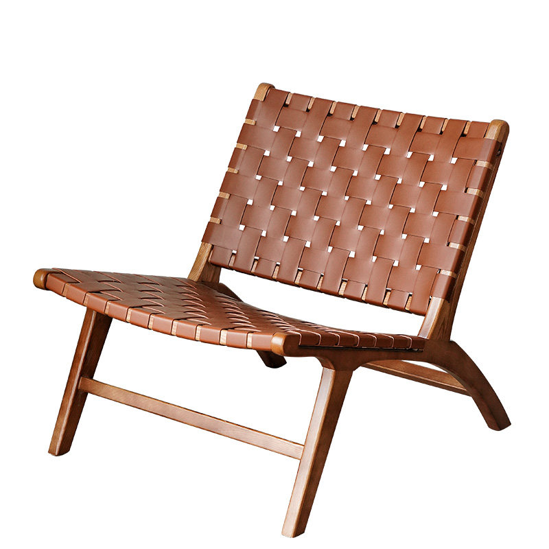 马鞍革北欧实木单人躺椅阳台户外椅