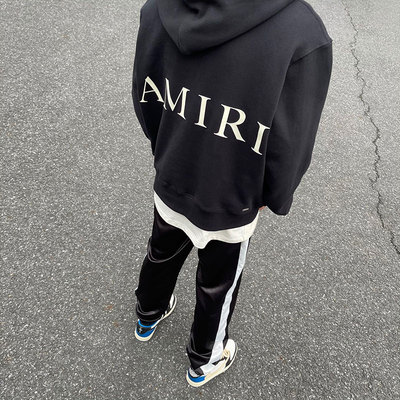 潮牌amiri立体胶印字母logo抽绳连帽卫衣高街男女纯色帽衫卫衣