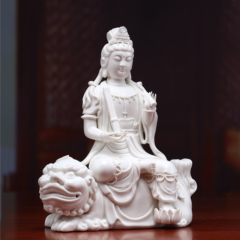 文殊菩萨佛像德化陶瓷家用供奉坐狮拿剑10寸本命摆件