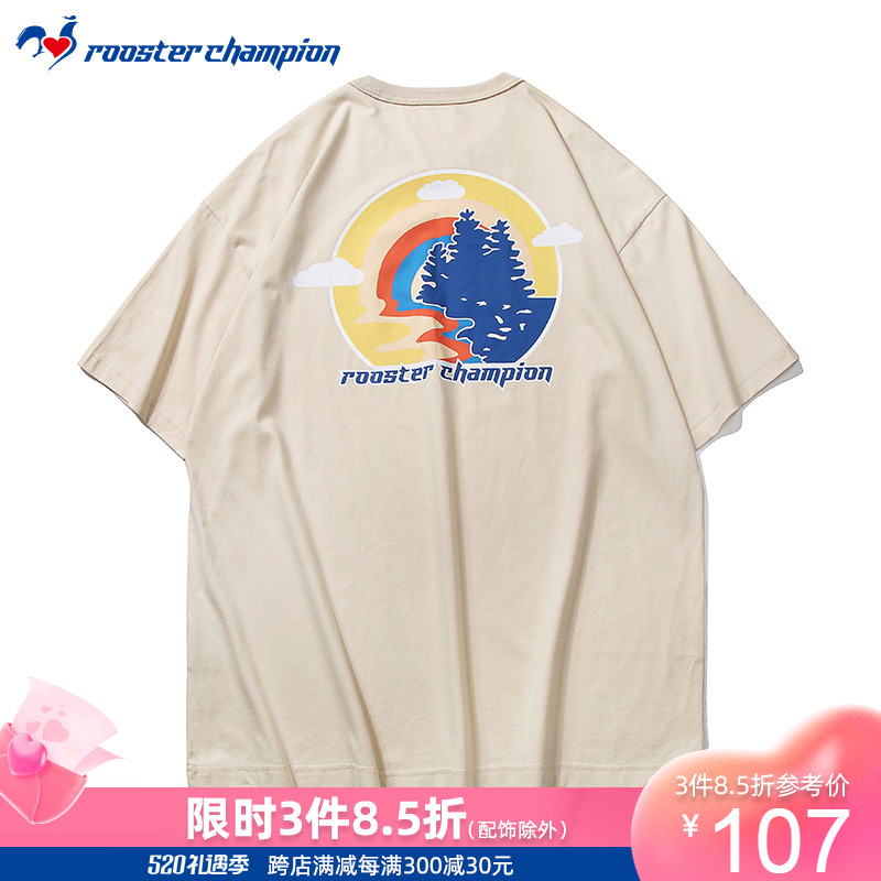 ROOSTER CHAMPION法国公鸡冠军短袖T恤男夏季杏色印花情侣半袖潮