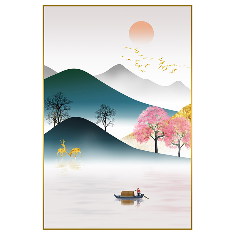 简约日出渔舟挂画山水中式现代新中式墙画玄幻现代装饰画