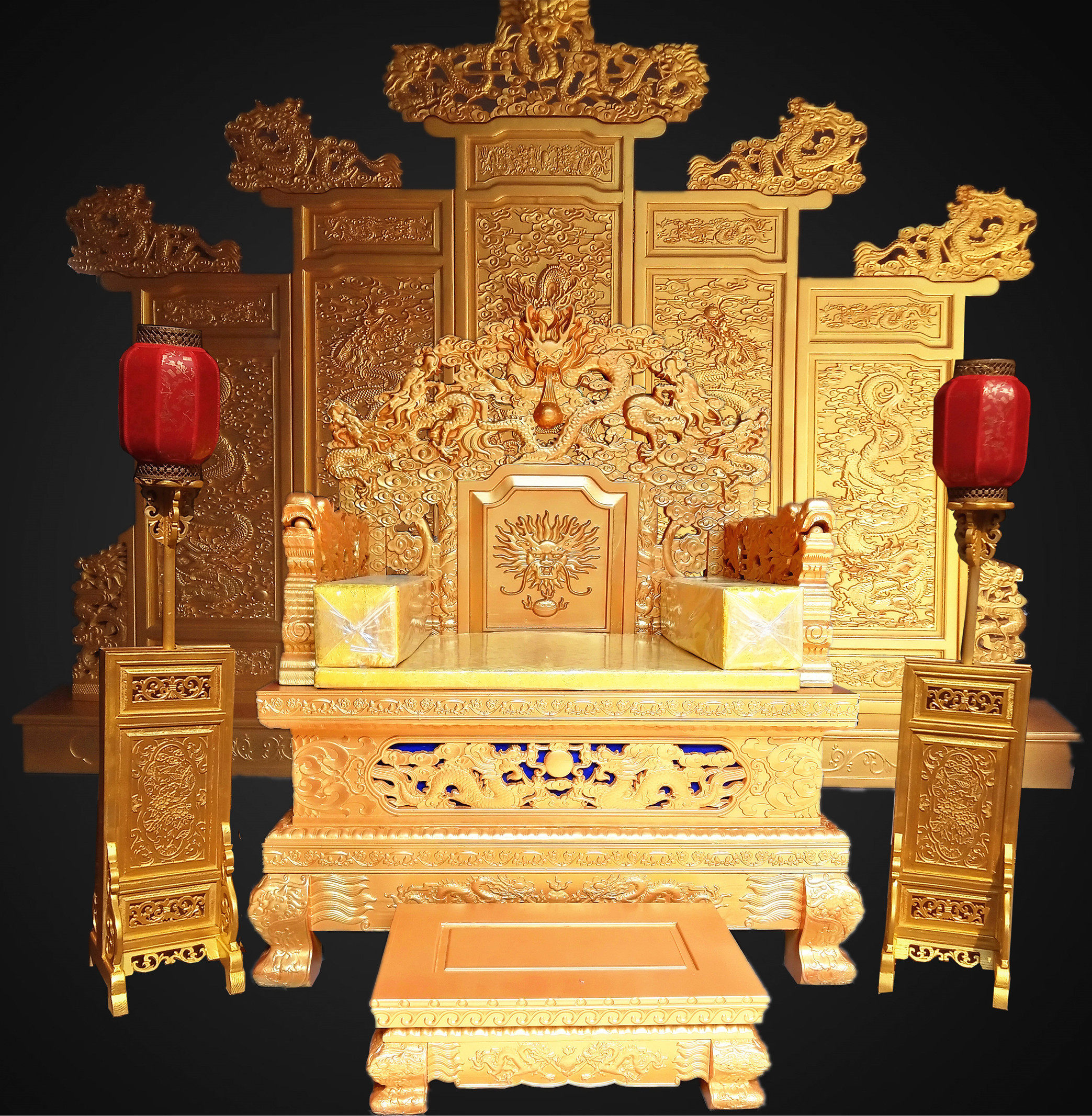 全金龙椅屏风皇帝宝座金属质感酒店古建装饰圈椅