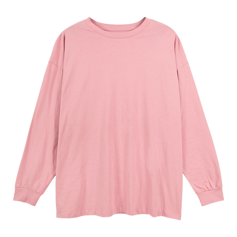 粉色长袖t恤女2021年新款韩版宽松中长款秋冬圆领内搭打底衫上衣