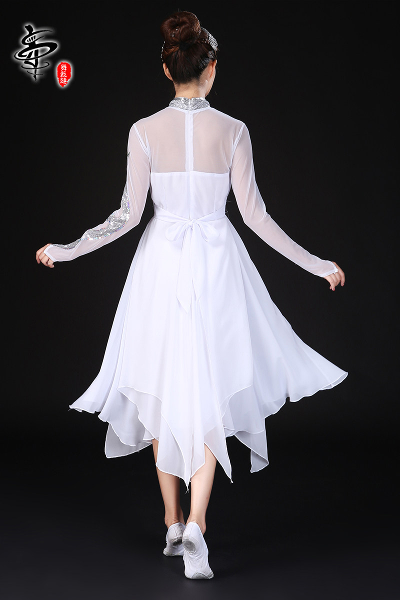 白色现代现代舞舞蹈演出服雪纺飘逸亮片连衣裙一条民族服装