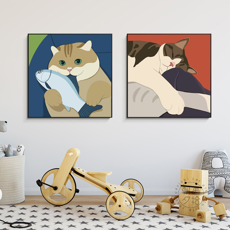 宠物装饰画现代简约儿童卧室挂画可爱呆萌温馨温馨猫现代装饰画