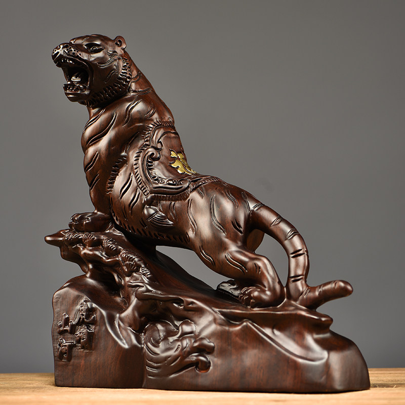 黑檀木雕上山虎摆件实木十二生肖老虎客厅家居装饰红木工艺品礼品