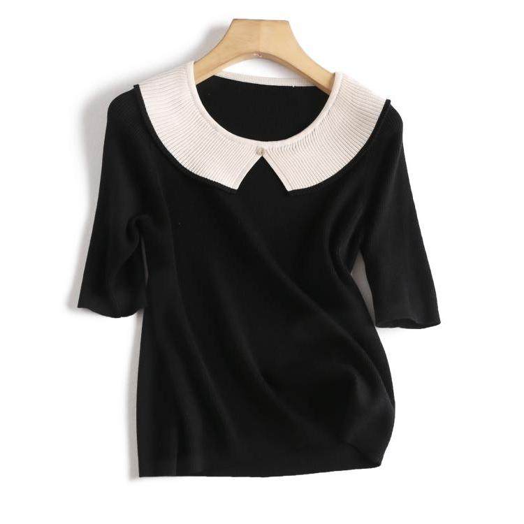 复古优雅微露锁骨天丝风琴领撞色翻领修身显瘦毛针织衫