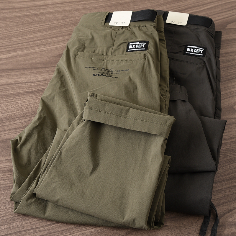 2022春夏薄款卡扣腰带直筒工装休闲裤男 弹力修身小直筒长裤子